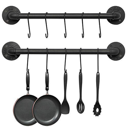 OROPY 21'' Pot Rack Wall Mounted, Iron Pipe Hanging Rack, 10 S Hooks, 2Pack | Industrial Utensils Kitchen Hanging Rail, Pot and Pan Organizer, Pot Lid Organizer, Black