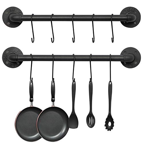 OROPY 21'' Pot Rack Wall Mounted, Iron Pipe Hanging Rack, 10 S Hooks, 2Pack | Industrial Utensils Kitchen Hanging Rail, Pot and Pan Organizer, Pot Lid Organizer, Black