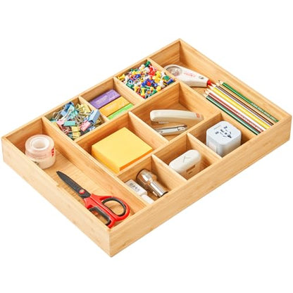 Extra Large Bamboo Desk Drawer Organizer, Wood Junk Organizer Tray with Adjustable Dividers, Anti-Skip Storage Organization in Office Bathroom Drawer for Vanity, Makeup, 17" x 12"