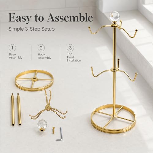 Mug Tree Coffee Cup Holder for Counter Top 6 Hooks(Gold) | Double Tier Metal Mug Tree for Counter with Crystal Ball for Small-Space,Mug Stand Tree Countertop with Patterned Base Rim