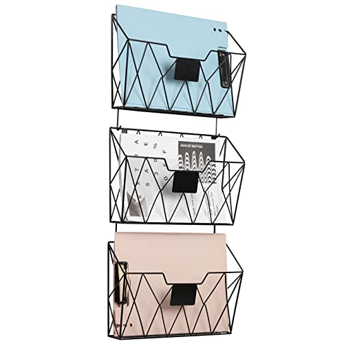 YBING Wall File Organizer, Hanging File Holder & Basket Set of 3, Black | Hanging File Rack with Hooks, Mail Organizer, Metal Wall Storage for Office Living Room School Classroom Home