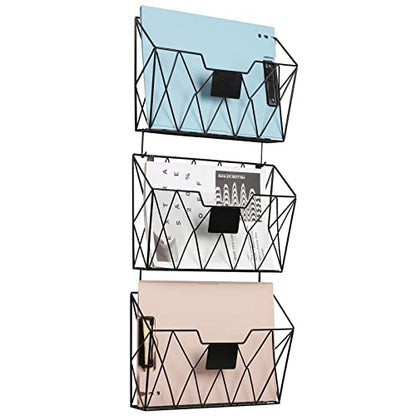 YBING Wall File Organizer, Hanging File Holder & Basket Set of 3, Black | Hanging File Rack with Hooks, Mail Organizer, Metal Wall Storage for Office Living Room School Classroom Home