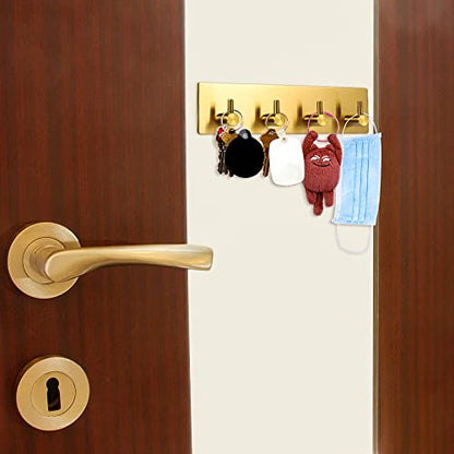 Picowe Key Holder for Christmas Wall Decorative, Adhesive Stainless Steel Key Hooks, Key Hanger Key Organizer Towel Hook Coat Hanger for Entryway Hallway Kitchen (Four Rows, Golden 1 PC)