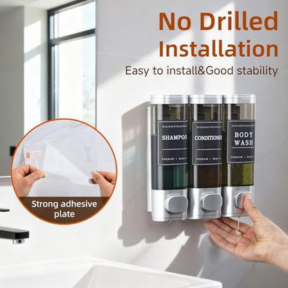 Shampoo and Conditioner Dispenser,Shower Soap Dispenser 3 Chamber No Drill Wall-Mounted for Bathroom & Hotel Leak-Proof Pumps, for Thick Liquids Like Conditioner - 1050ML High Capacity, Silver