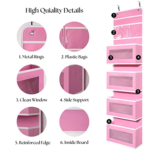 Giraffe Creation Pink Over Door Organizer with 4 Large Clear Pockets, Hanging Door Storage for Nursery, Bedroom, Bathroom, Closet, Toys, Diapers, Cosmetics, Baby Essentials