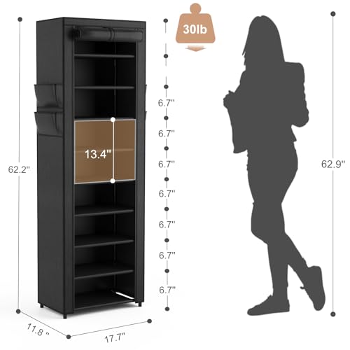 Shoe Rack with Cover Narrow Shoe Organizer with 4 Side Pockets 10 Tier Tall Shoe Storage Holds 18-22 Pairs Shoes and Boots Shoe Rack for Closet Entryway Garage