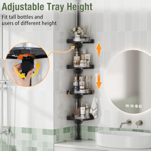 360° Rotating Corner Shower Caddy Tension Pole Organizer (Black) | 4-Tier rotating shelves with hooks, adjustable tray height, upgraded rustproof metal pole, removable trays for shower storage