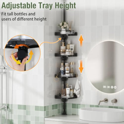 360° Rotating Corner Shower Caddy Tension Pole Organizer (Black) | 4-Tier rotating shelves with hooks, adjustable tray height, upgraded rustproof metal pole, removable trays for shower storage