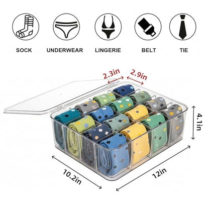 Adjustable Sock Underwear Drawer Organizer Dividers, 16 Grid Clear Tea Bag Holder with Lid, Removable Divided Tie Organizer Box, Plastic Storage Bin for Scarves Bras