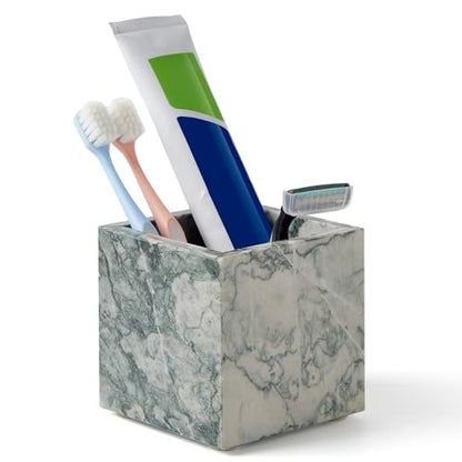 Real Luxurious Natural Marble Toothbrush Holder & Makeup Brush Organizer | Pen Holder for Desk,3.93inch Square Marble Utensil Holder Non-Ceramic/Non-Resin （Cyan Green）