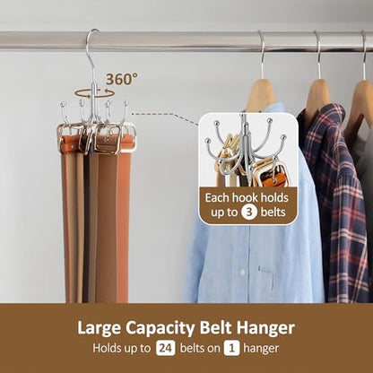 2 Pack Belt Hangers for Closet, Rotating Belt Organizer, 16 Hooks | Heavy-Duty Metal Belt Rack with 16 Hooks Hanging Belt Holder for Closet Organizers and Storage, Space Saving, No Installation