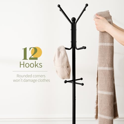 Yoobure Coat Rack Freestanding - Coat Tree with Umbrella Holder, Metal Coat Rack Stand with 12 Hooks, Modern Coat Hanger Stand for Entryway, Purse Rack Hat Rack Stand for Living Room Bedroom Office