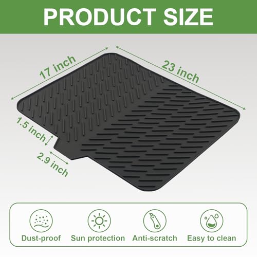 Silicone Drying Mat, 23"X17" With Built-in Drain Lip,Heat-Resistant,Eco-friendly,Hygienic Drying Pad,Leak-Proof and Non-Slip,Silicone Dish Drying Mat for Kitchen Counter or Sink（Black 23X17）