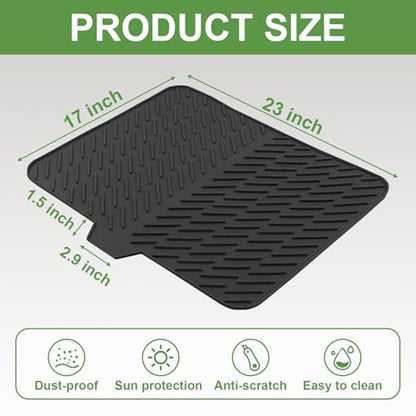 Silicone Drying Mat, 23"X17" With Built-in Drain Lip,Heat-Resistant,Eco-friendly,Hygienic Drying Pad,Leak-Proof and Non-Slip,Silicone Dish Drying Mat for Kitchen Counter or Sink（Black 23X17）