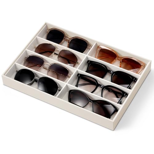 VLANDO Sunglasses Organizer,Stackable Jewelry Tray for Glasses,Beige | Removable Dividers, Soft Velvet Lining, Drawer Organizer for Glasses, Watches, Vanity Display, Gift for Women Girl