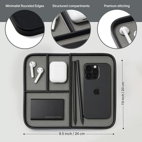 Nordik Leather Valet Tray - Medium EDC Tray - Pebble Black (9.5 x 7.9 in) | Premium Vegan Leather with Two-Toned Design, Includes Four Compartments, Giftable, Catchall Tray for Keys Watch and Jewellery