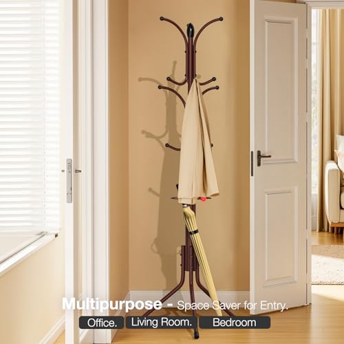 Coat Rack Freestanding,12 Hooks Metal Coat Racks with Umbrella Holder,Sturdy Hall Rree,Easy Assembly Coat Rack Stand for Hanging Scarf,Purse,Hats,Jacket(Brown)