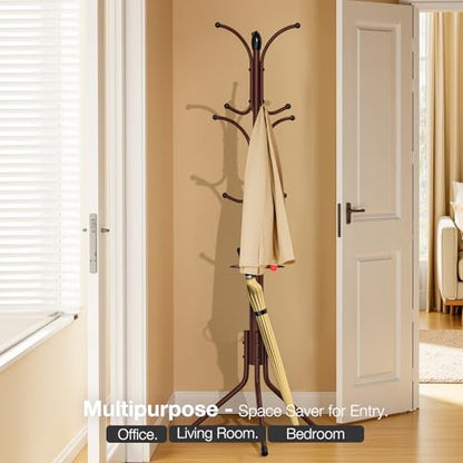Coat Rack Freestanding,12 Hooks Metal Coat Racks with Umbrella Holder,Sturdy Hall Rree,Easy Assembly Coat Rack Stand for Hanging Scarf,Purse,Hats,Jacket(Brown)