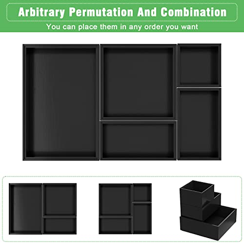 Black Bamboo Bathroom Drawer Organizer, Wooden Kitchen Utensil Holder Set of 5, Stackable Junk Drawer Organizer Tray, Multi-Use Storage Bins Boxs Dividers for Home, Office, Clothing, Makeup, Jewelry
