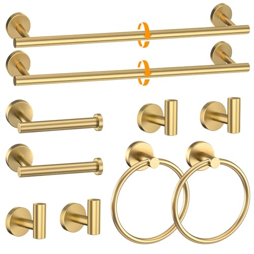 Brushed Gold Towel Bar Set 10 Pieces Round Bathroom Hardware Set Includes 23.6in Towel Bar Towel Ring Toilet Paper Holder Towel Hooks Stainless Steel Wall-Mounted Bathroom Towel Holder Set