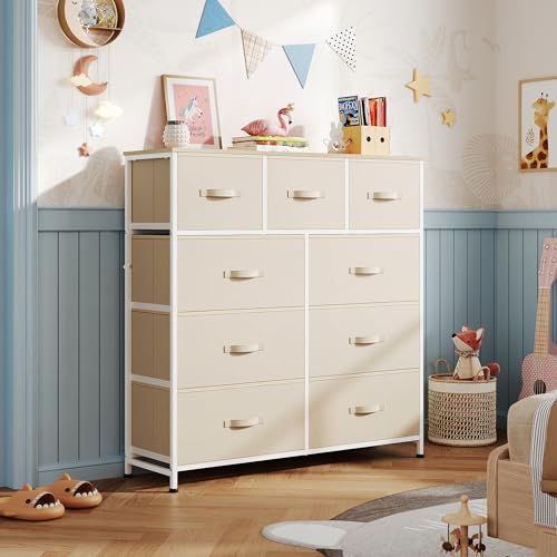 WLIVE Tall Dresser for Bedroom, 9 Drawer Chest of Drawers, Cream White