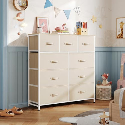 WLIVE Tall Dresser for Bedroom, 9 Drawer Chest of Drawers, Cream White