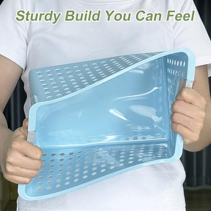 4 Pack Plastic Storage Basket with Handles, Small... (Blue | Plastic)