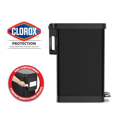 Glad Slim Trash Can with Clorox Odor Protection - Narrow Kitchen Garbage Bin with Soft Close Lid, Step On Foot Pedal and Waste Bag Roll Holder, Black, 12 Gallon/45 Liter