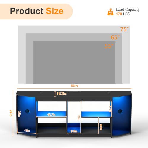 Modern TV Stand with LED Lights & Power Outlets for 75 inch TVs, Gaming Entertainment Center for PS5 Xbox, Media Consoles for Bedroom, Living Room, Black