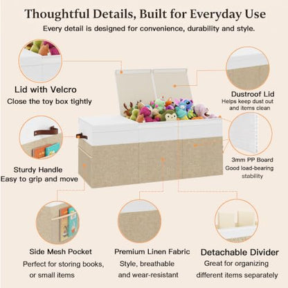 150L Extra Large Toy Storage Box with Lid for Boys Girls Nursery Playroom | Collapsible with Lid, Removable Divider, 40"x14"x16", Side Pockets, For Nursery, Living Room, Playroom