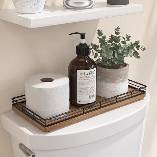Acacia Bathroom Toilet Tank Tray, 13" Wood Toilet Paper Storage Basket Back of Toilet Basket Organizer, Vanity Tray for Perfume Makeup Candle Kitchen Counter Coffee Table Decor