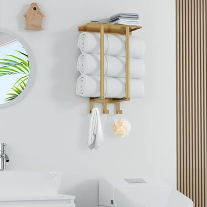 Gold Towel Rack with Shelf, Bethom Bath Towel Storage for Bathroom, Stainless Steel, 3 Hooks Towel Racks for Small Bathroom Wall Mounted