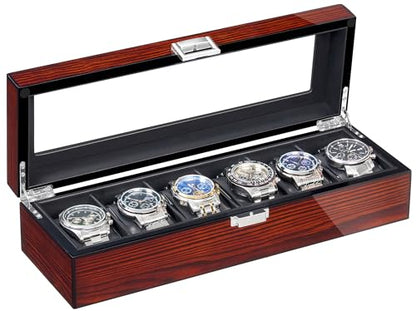 BEWISHOME Watch Box, 6 Slot Wooden Watch Cases for Men with Large Glass Lid | Men's Watch Box, Watch Storage Organizer, Watch Display Case, Watch Holder Removable Watch Pillows, Brown SSH06Y
