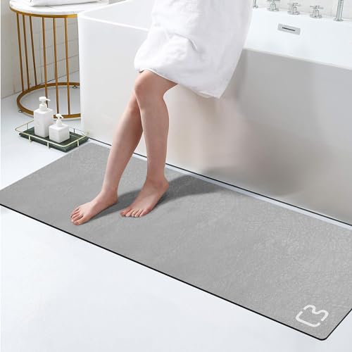RUERYA Grey Long Bathroom Rugs Large Stone Bath Mats for Bathroom,15.7"x47" | Non Slip Rubber Backed Quick Dry Super Absorbent Diatomaceous Earth Bath Mat Extra Long Thin Diatomite Bathroom Mat Runner