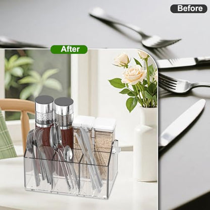 Chivalral Clear Acrylic Utensil Caddy, 4 Compartment Silverware Holder | With drainage holes & silicone anti-slip pads,Portable magnetic rotating handle for Kitchen, picnic, party ,Buffet,Camping