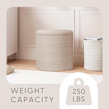 Round Storage Ottoman Foot Rest Stool with Tray Velvet Sherpa Folding Storage Ottoman,Boucle Foot Rest for Living Room, Bedroom, Dorm,Beige Color