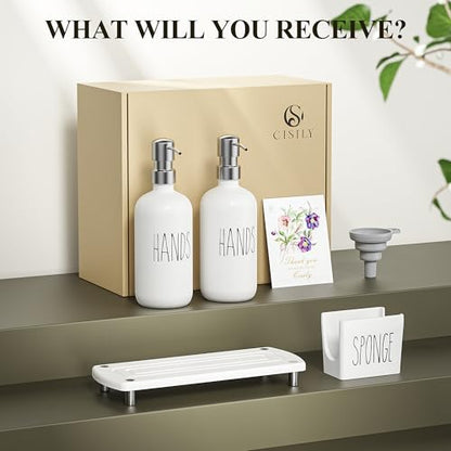 Kitchen Soap Dispenser Set Comes with Ceramics Sponge Holder, Gold Pumps, and Instant Dry Tray, Hand and Dish Soap Dispenser Set (4, Silver + White + Sponge Holder)