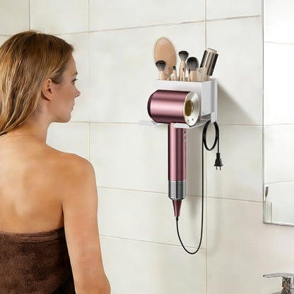 Hair Dryer Holder, White Blow Dryer Holder, 2 Installation Options | Hair Dryer Wall Mount for Bathroom, Space Saving Hair Dryer Storage with Hook, Adhesive and Screw Mounting
