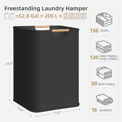 STORAGE MANIAC 2-Pack Large Laundry Hamper, 100L (26.4 Gal) Collapsible Laundry Basket with Bamboo Handles, Freestanding Waterproof Clothes Hamper for Laundry Room, Bedroom, Dorm, Towels, Black