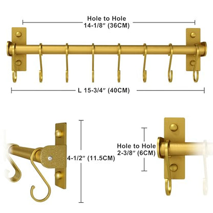 Kitchen Utensil Holder Hanger, Pot and Pan Rack Wall Mounted, Kitchen Rail with 8 Hooks for Hanging Cooking Utensils, Mugs, Spoons, Wall Mounted, Gold