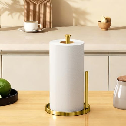 Paper Towel Holder Countertop, Standing Paper Roll Holder with Anti Slip Weighted Base, Stainless Steel Freestanding Paper Towel Holder for Kitchen, Gold
