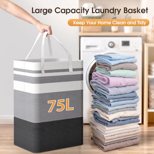 HomeHacks 2 Pack Large Laundry Baskets, Laundry Hampers Bags (Grey 75Lx2) | Waterproof, Freestanding, Collapsible Clothes Hamper with Reinforced Handles in Laundry Room, College Dorm, Bathroom, Bedroom