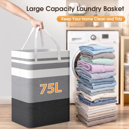 HomeHacks 2 Pack Large Laundry Baskets, Laundry Hampers Bags (Grey 75Lx2) | Waterproof, Freestanding, Collapsible Clothes Hamper with Reinforced Handles in Laundry Room, College Dorm, Bathroom, Bedroom
