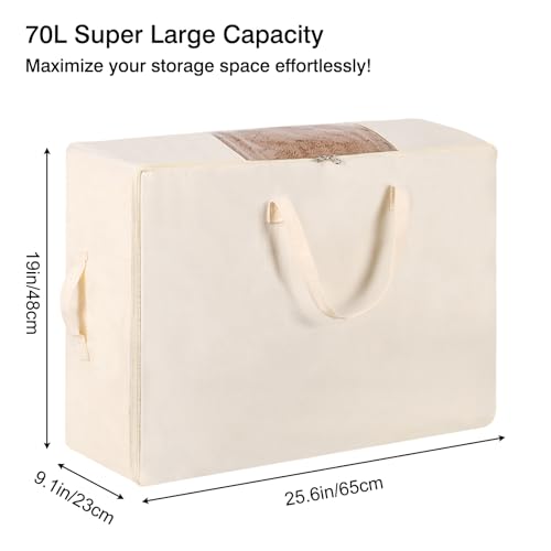 Blanket Storage Bags 70L Canvas Closet Organizers Clothes Container 2 Pack | Canvas Fabric, Reinforced Handles, Foldable Design, for Clothing Comforters Pillows and Toys, Dorm Bedroom and Closet Use