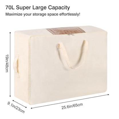 Blanket Storage Bags 70L Canvas Closet Organizers Clothes Container 2 Pack | Canvas Fabric, Reinforced Handles, Foldable Design, for Clothing Comforters Pillows and Toys, Dorm Bedroom and Closet Use