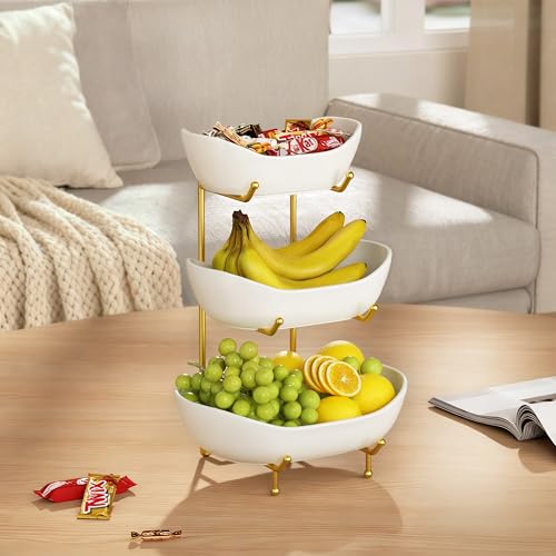 Ceramic 3 Tier Fruit Bowl, Fruit Basket for Kitchen Counter, Gold | Space-saving countertop fruit holder for vegetables, snacks, bread, candy, nuts, cakes and desserts; dishwasher-safe ceramic