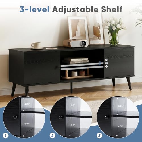 DUMOS TV Stand for 55 60 inch TV, Modern Mid Century Entertainment Center with Storage, Wooden Media Console Table with 2 Cabinets, for Living Room, Bedroom, Black
