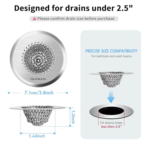 TRAPMATE 2PCS Bathtub Drain Strainer, 2.8" Patented Reversible Shower Tub Drain Hair Catcher, 304 Stainless Steel Drain Cover Protector fits Bathtub & Wash Basin, for Drains Under 2.5 Inches