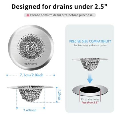 TRAPMATE 2PCS Bathtub Drain Strainer, 2.8" Patented Reversible Shower Tub Drain Hair Catcher, 304 Stainless Steel Drain Cover Protector fits Bathtub & Wash Basin, for Drains Under 2.5 Inches