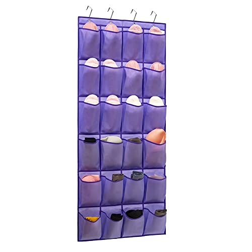 Over The Door Hanging Shoe Organizer Shoe Rack Hanger 24 Large Fabric Pockets Holder with 4 Sturdy Hooks (PURPLE)